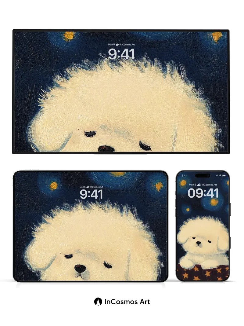 Starry Slumber Wallpaper with Fluffy Pup