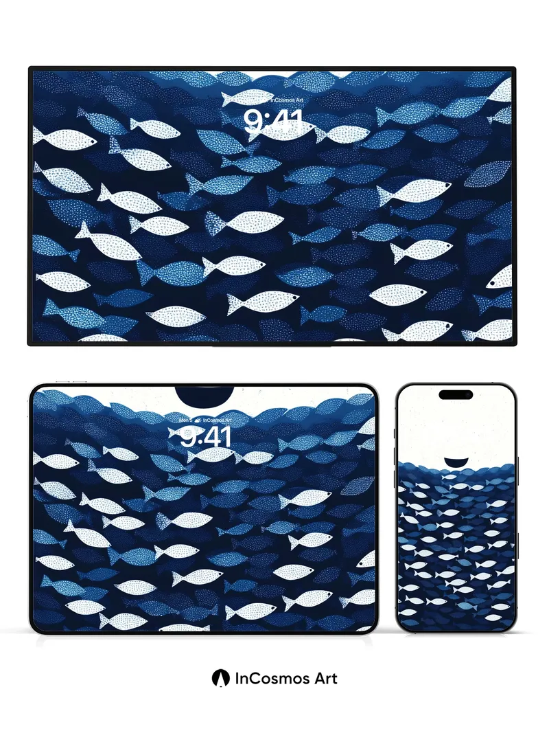 Whispering Depths Wallpaper with School of Silver Fish