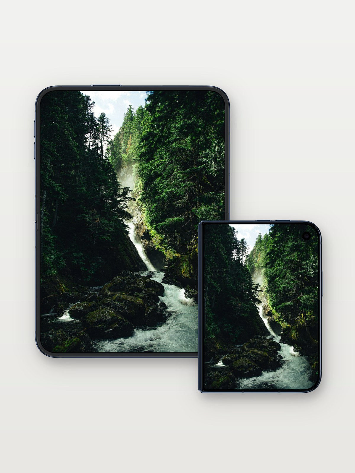 Whispering Canyon Wallpaper with Moss-Covered Stone on iPhone Duo, open and closed