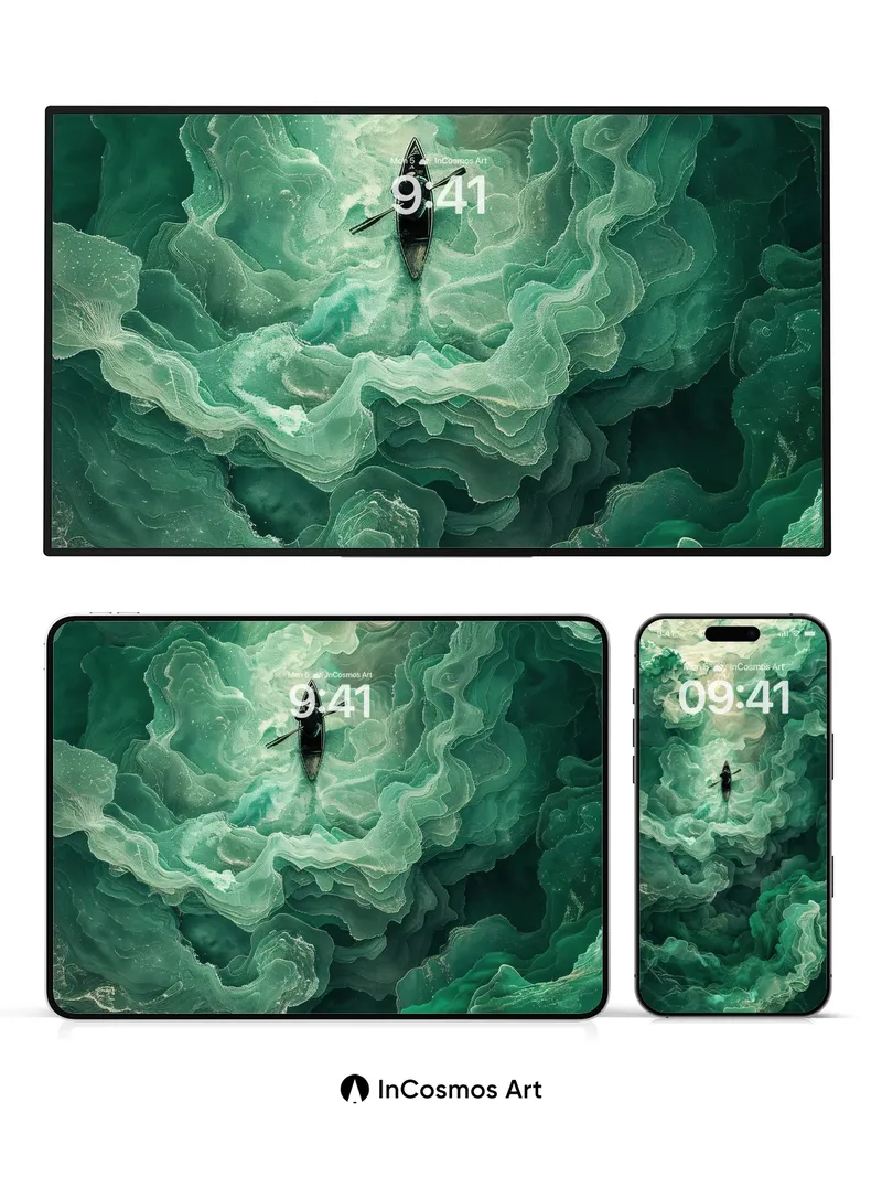 Emerald Abyss Wallpaper with Floating Canoe