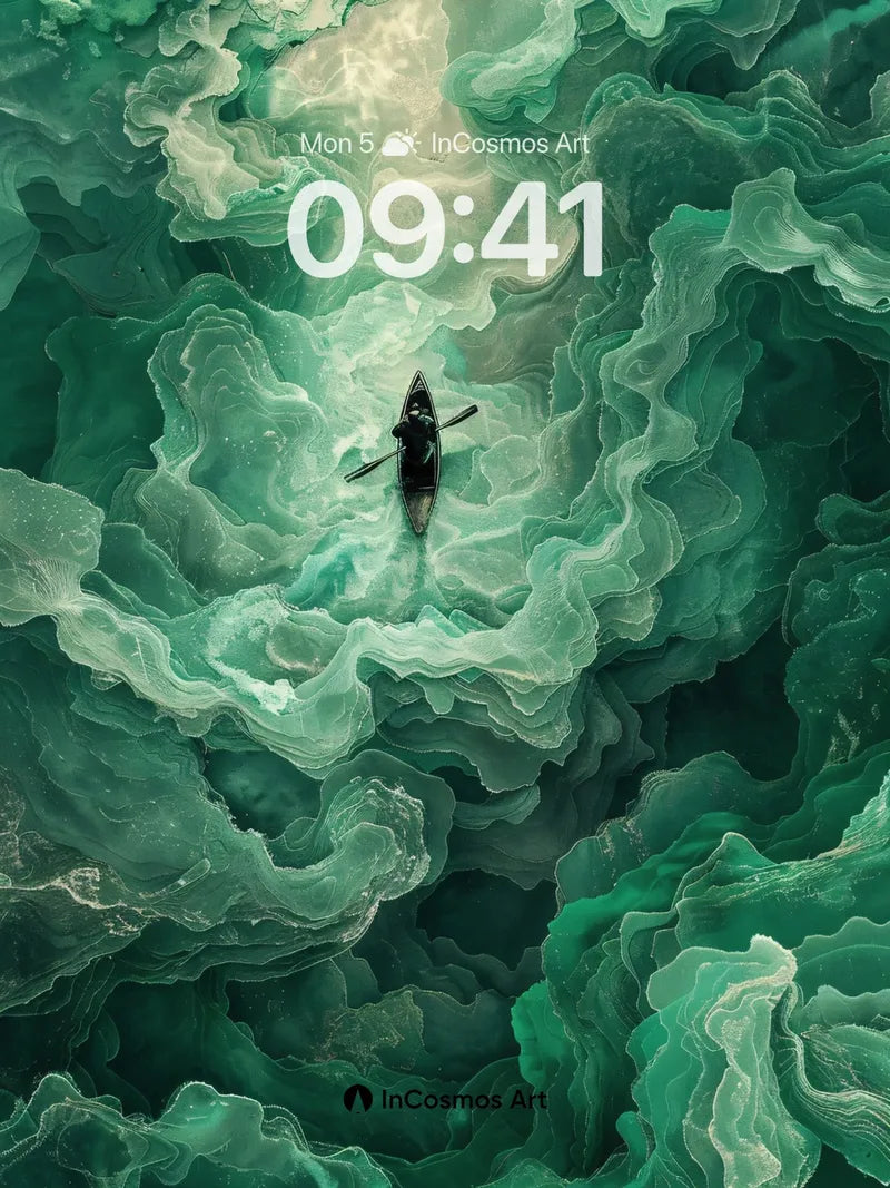 Emerald Abyss Wallpaper with Floating Canoe