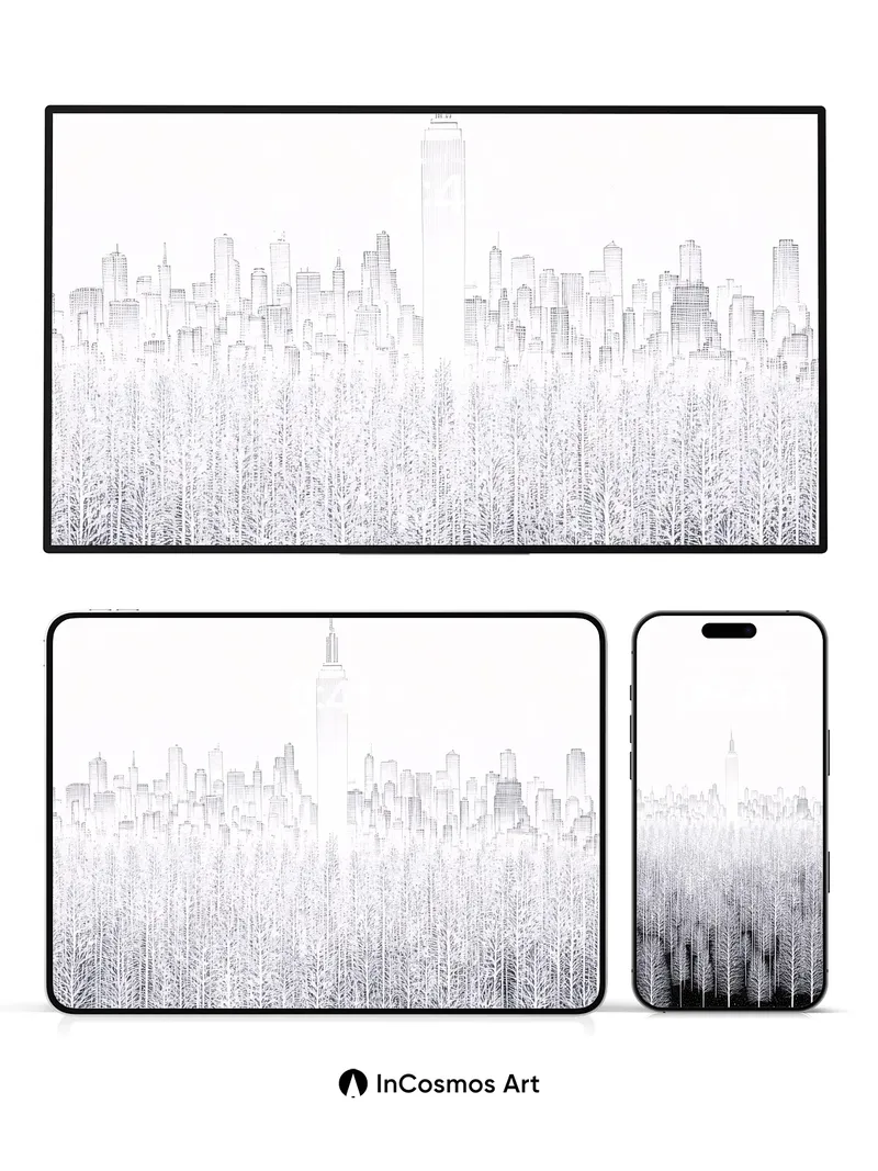 Frost Forest Wallpaper with City Horizon