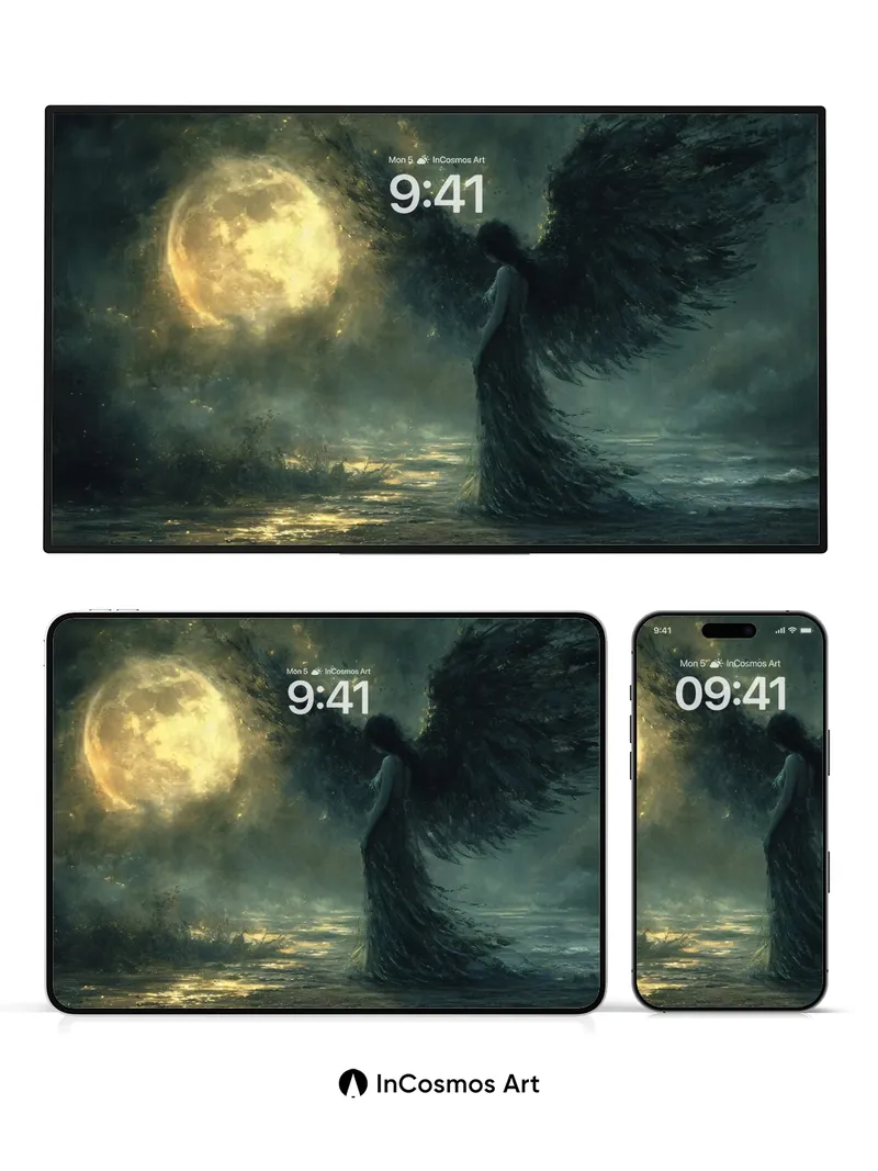 Lunar Shadow Wallpaper with Feathered Wings