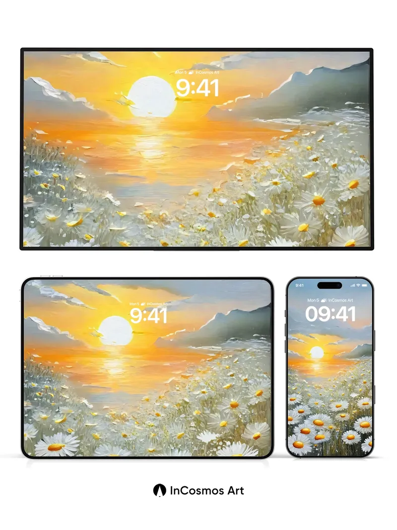 Golden Hush Daisy Field Wallpaper with Sunset Breath