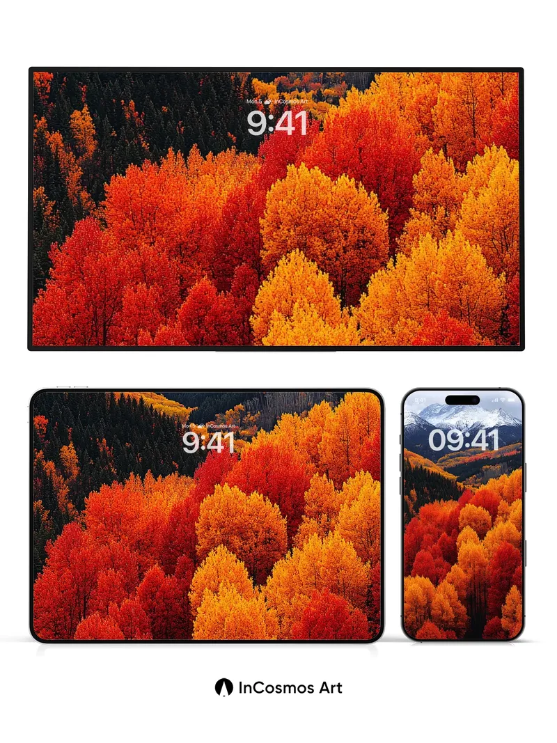 Autumn Flame Wallpaper with Snow-Crowned Peaks