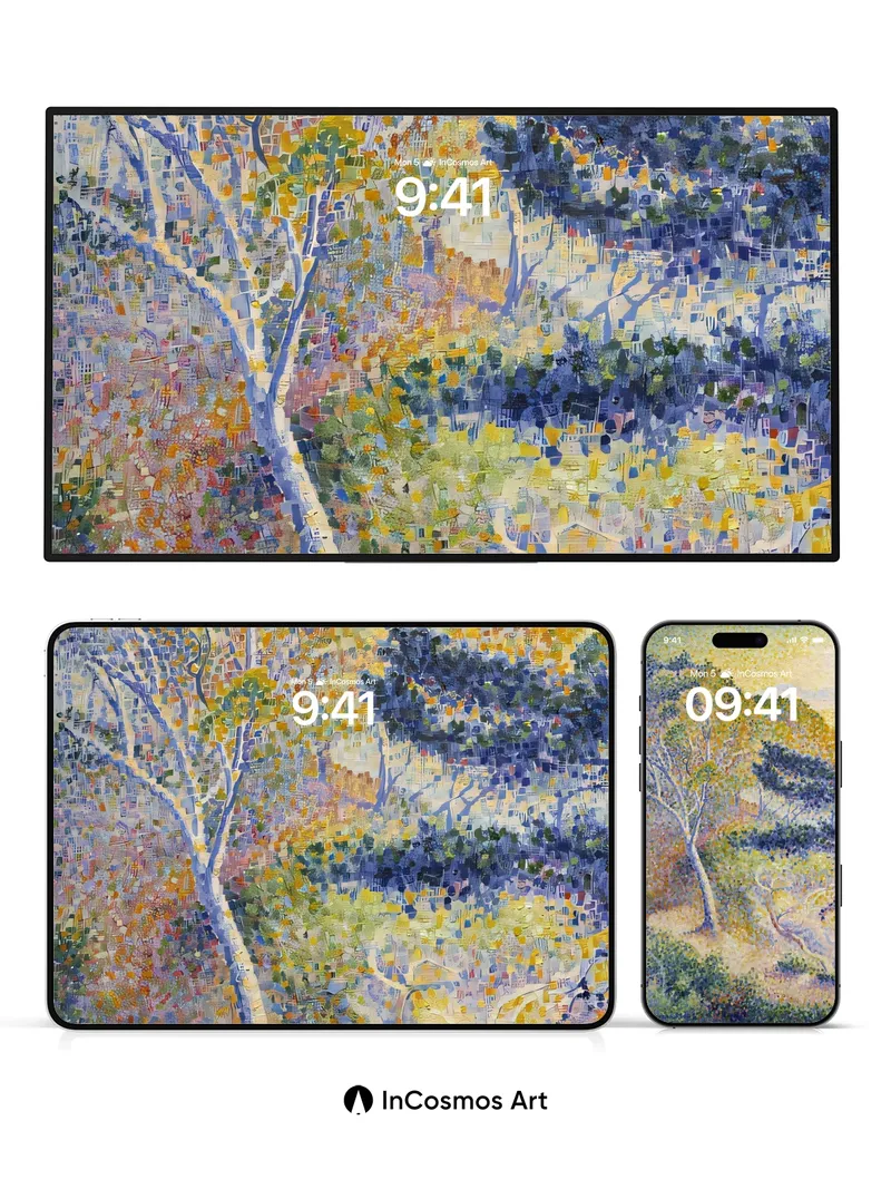 Sunlit Mosaic Wallpaper with Dappled Trees