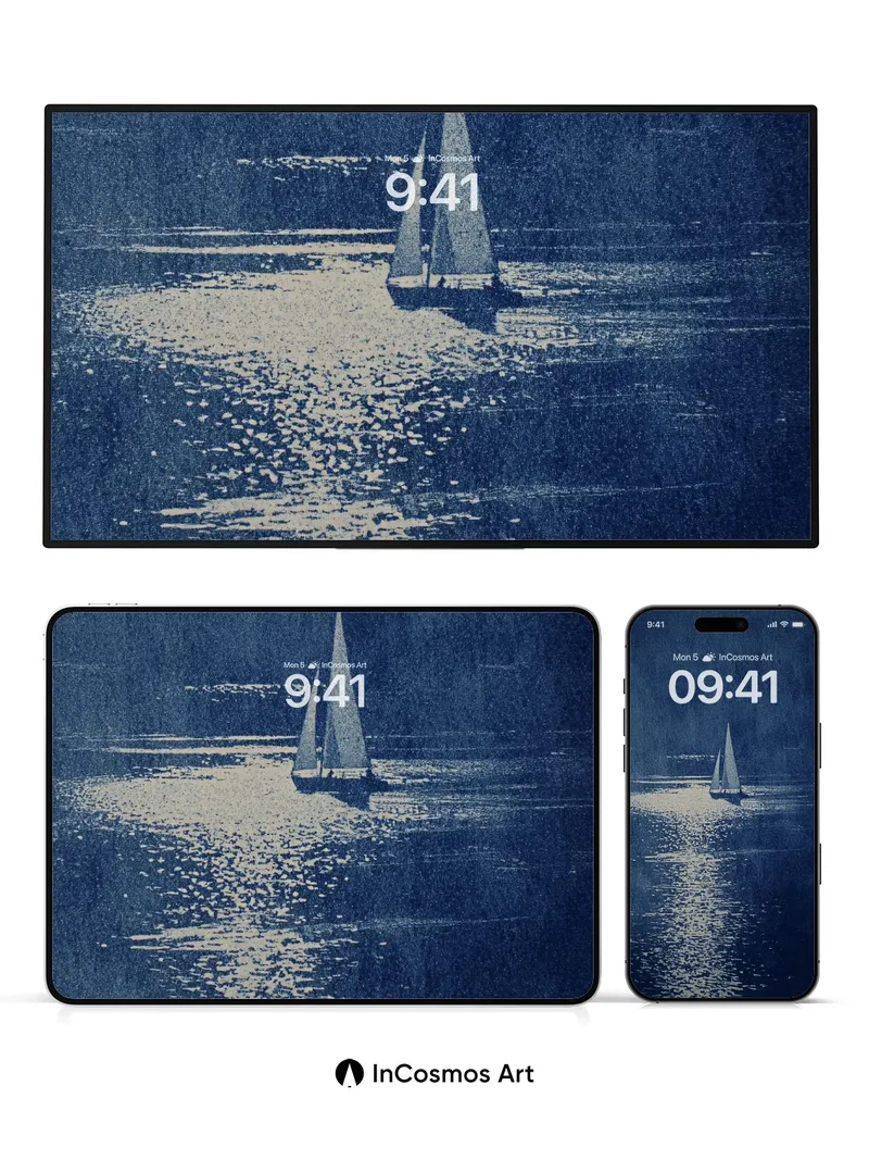 Moonlit Sail Wallpaper with Cyanotype Texture