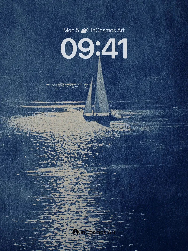 Moonlit Sail Wallpaper with Cyanotype Texture
