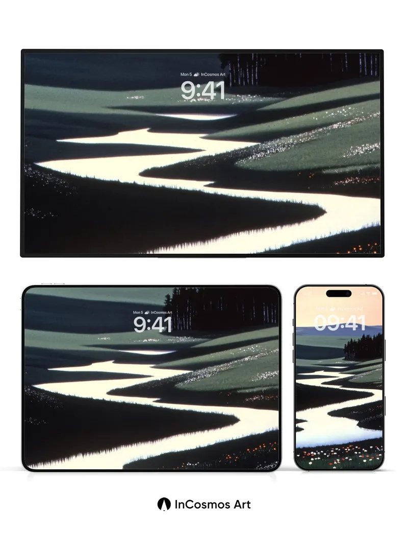 Serene River Flow Wallpaper with Distant Forest Shadows