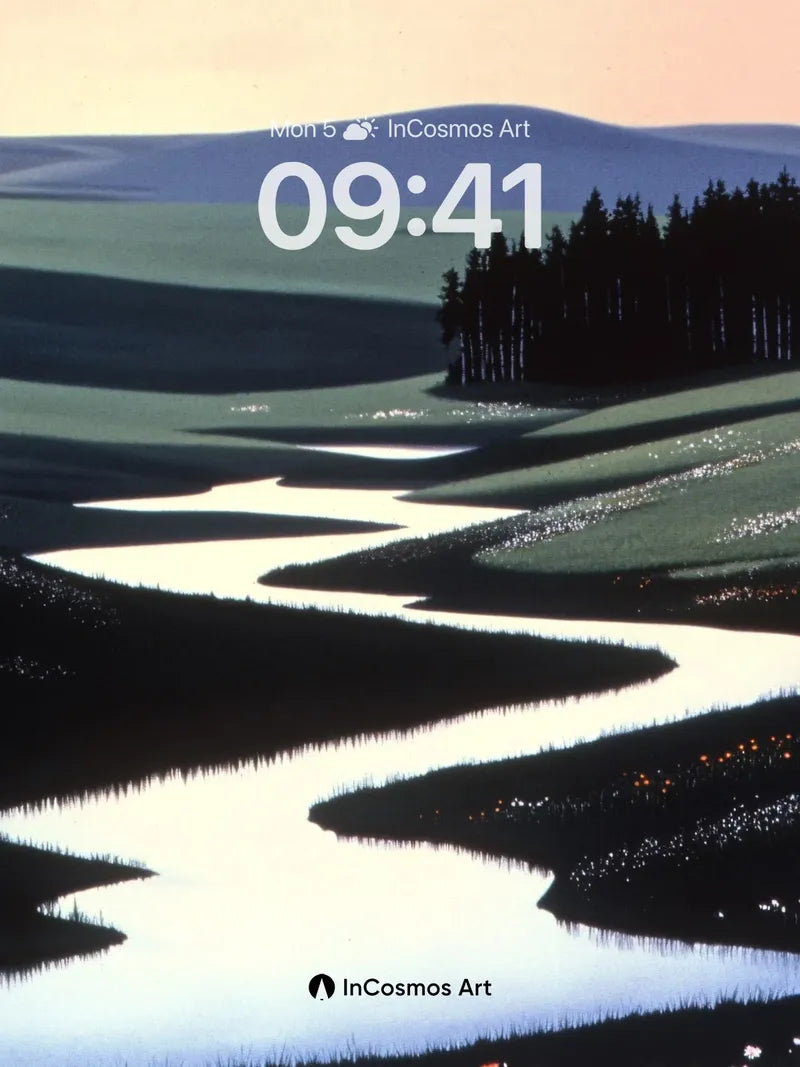 Serene River Flow Wallpaper with Distant Forest Shadows