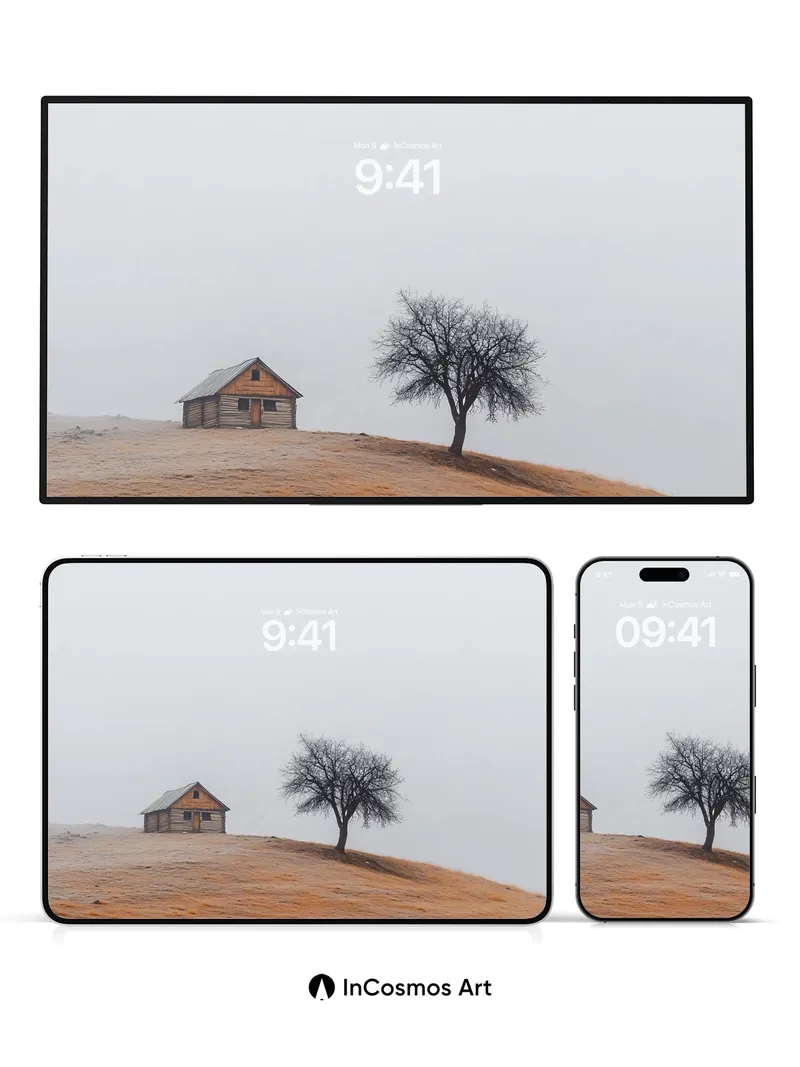 Solitary Stillness Wallpaper with Fog-Whispered Hills