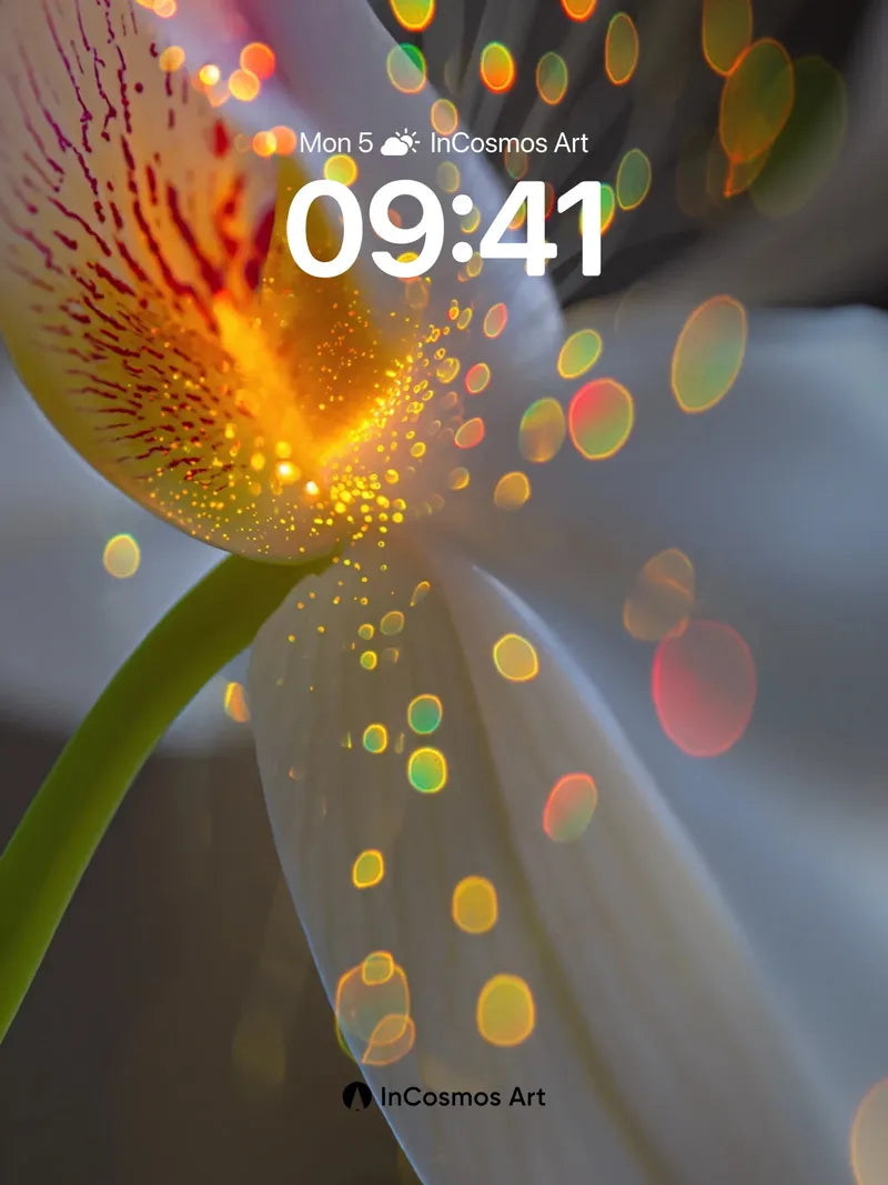 Luminous Orchid Wallpaper with Floating Light Particles