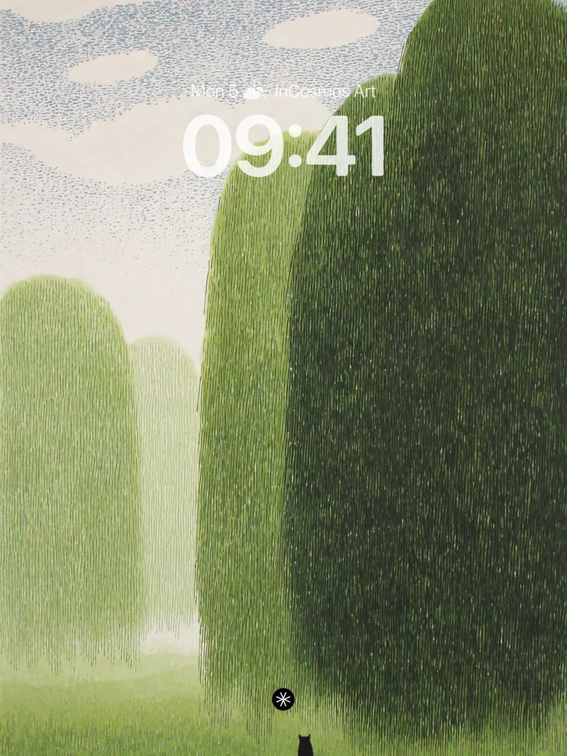 Serene Green Grove Wallpaper with Solitary Cat