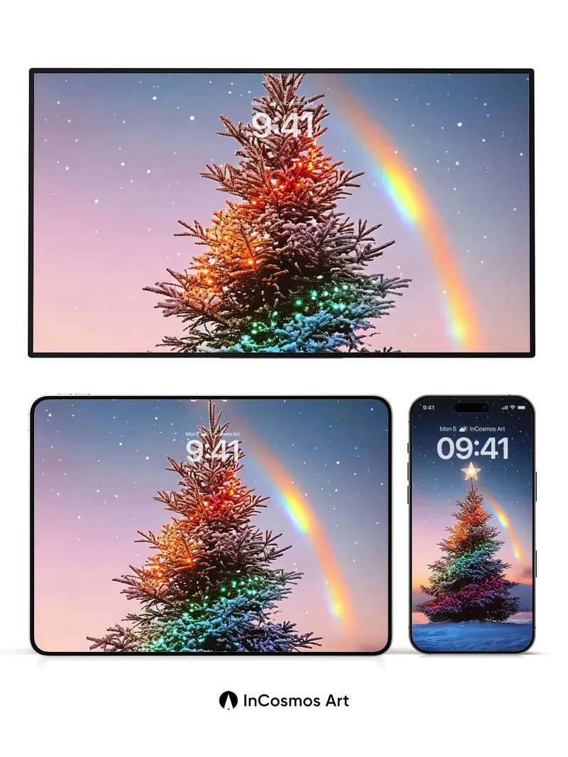 Starry Rainbow Christmas Tree Wallpaper with Frost-Lit Magic