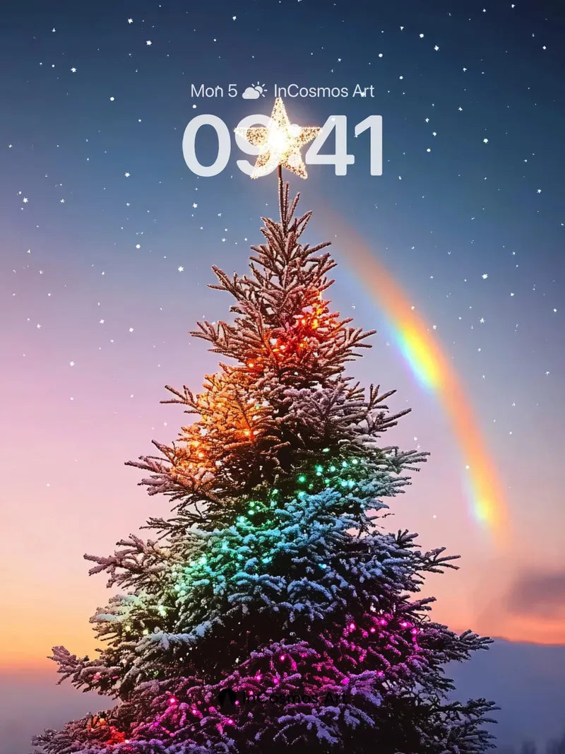 Starry Rainbow Christmas Tree Wallpaper with Frost-Lit Magic
