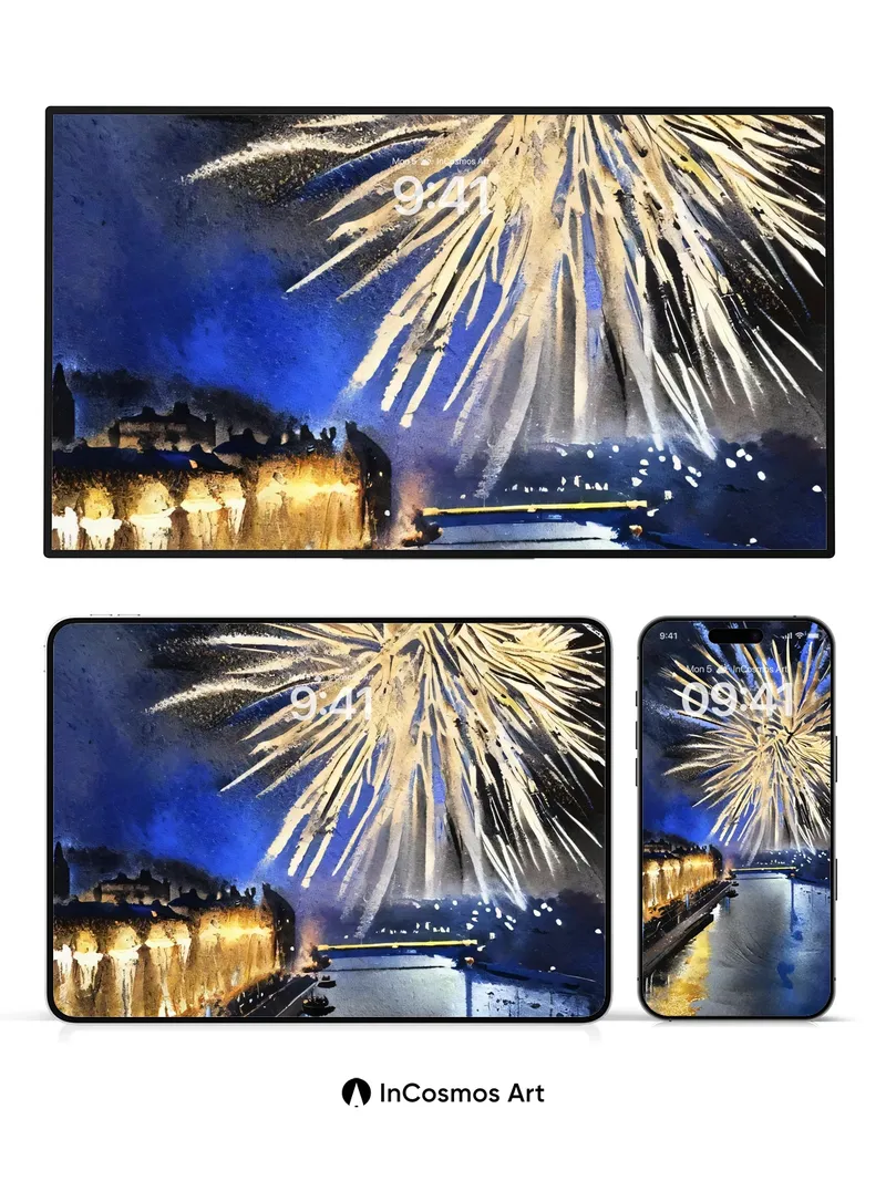 Golden Burst Wallpaper with Midnight River Reflections