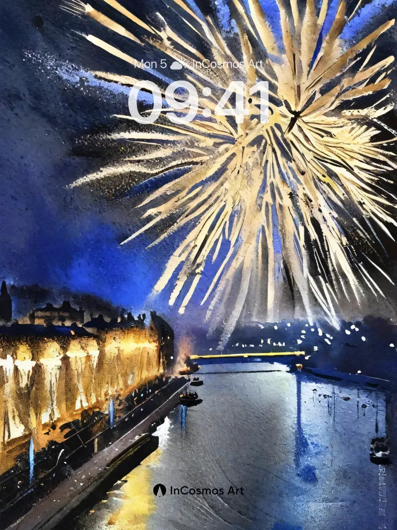 Golden Burst Wallpaper with Midnight River Reflections