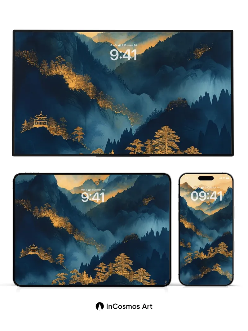 Golden Mist Mountains Wallpaper with Hidden Pagoda