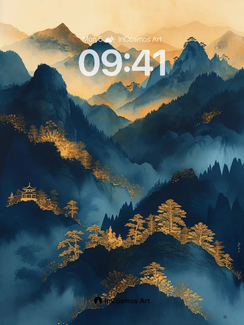 Golden Mist Mountains Wallpaper with Hidden Pagoda