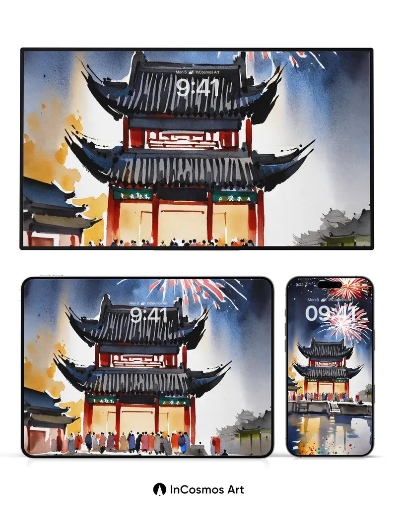 Firework Reverie Wallpaper with Reflections of Joy