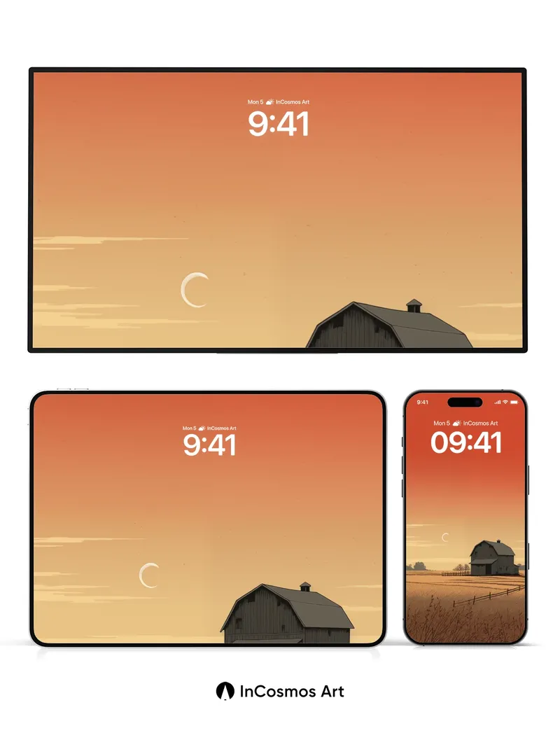 Crimson Hush Barn Wallpaper with Crescent Moon