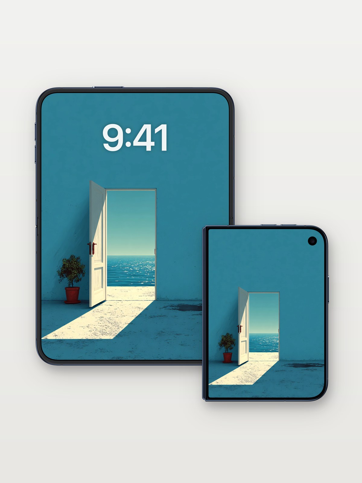 Serenity Threshold Wallpaper with Ocean Light on iPhone Duo, open and closed