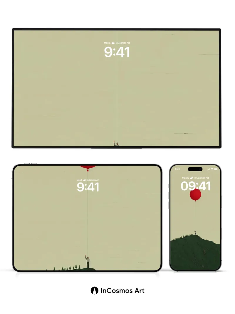 Surreal Solitude Wallpaper with Floating Red Balloon