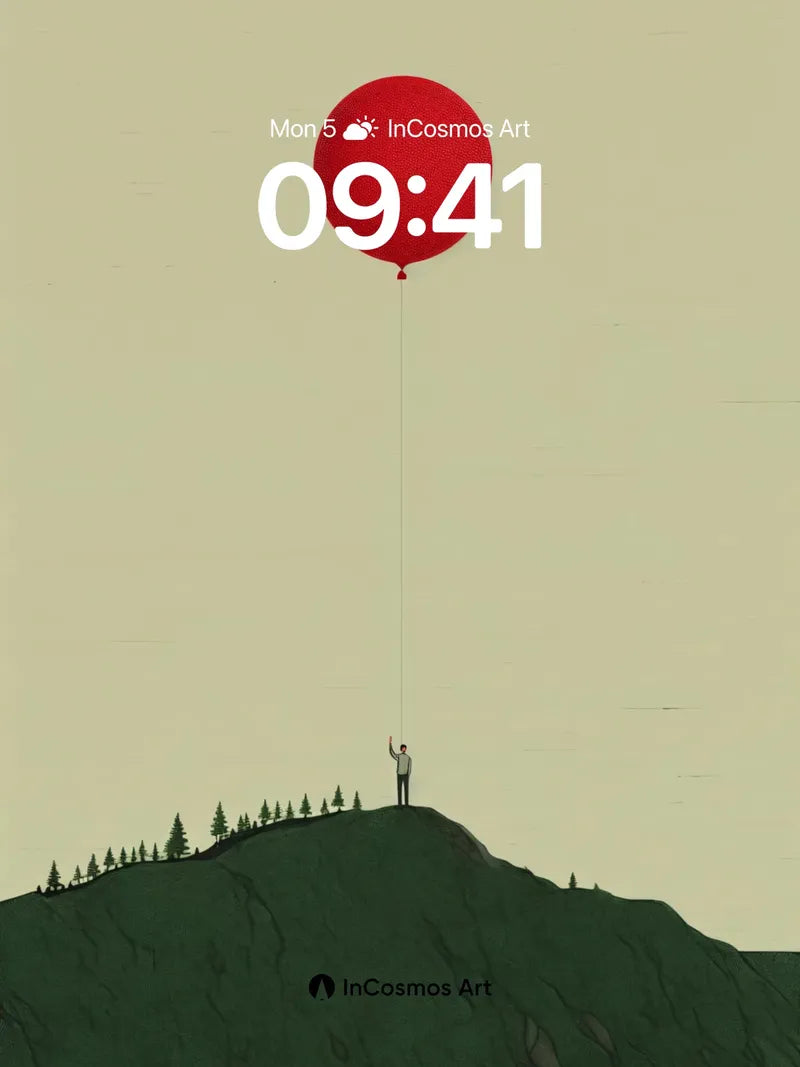 Surreal Solitude Wallpaper with Floating Red Balloon