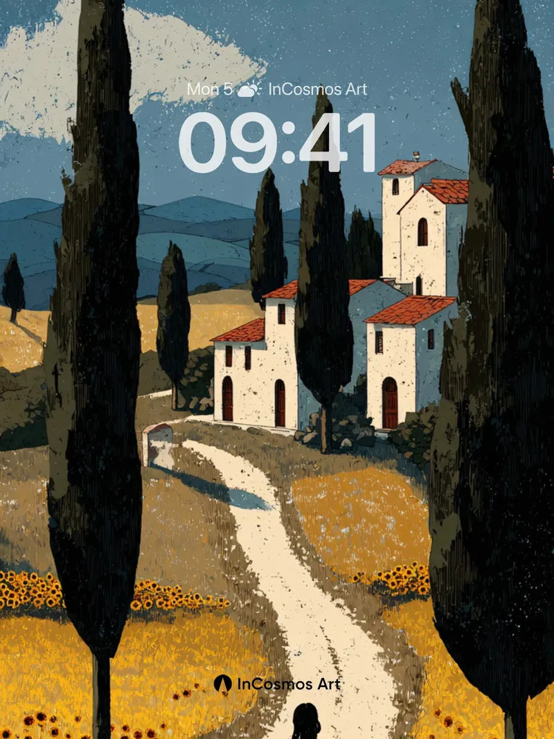 Golden Hour Sunflower Wallpaper with Tuscan Path wallpaper for iPhone, iPad & Mac