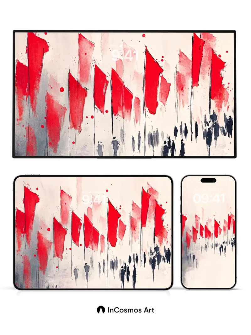 Silhouetted March Wallpaper with Crimson Flags