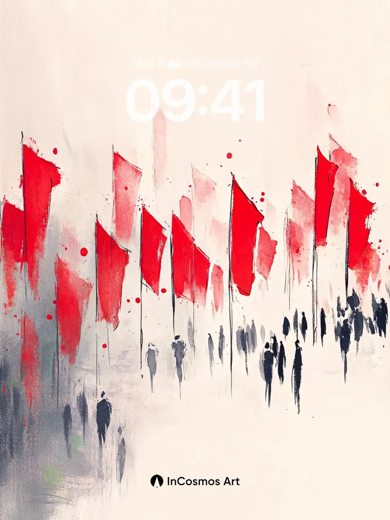 Silhouetted March Wallpaper with Crimson Flags