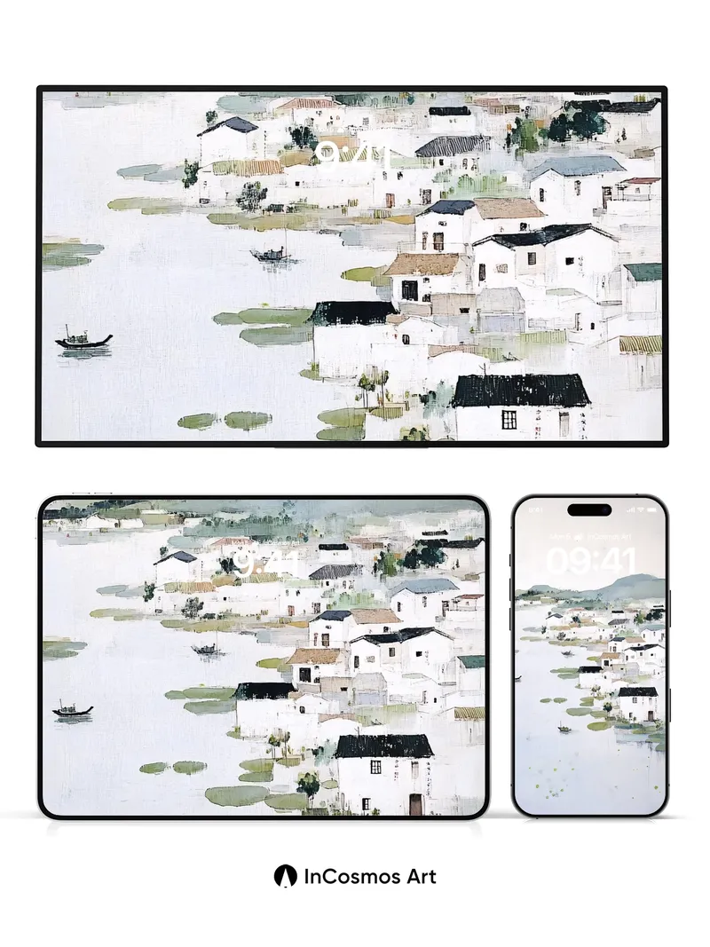 Serene Water Village Wallpaper with Floating Houses