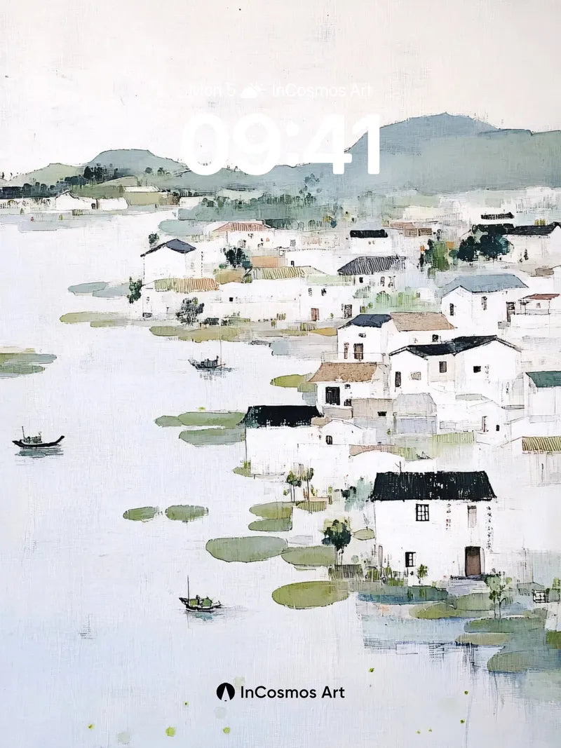 Serene Water Village Wallpaper with Floating Houses