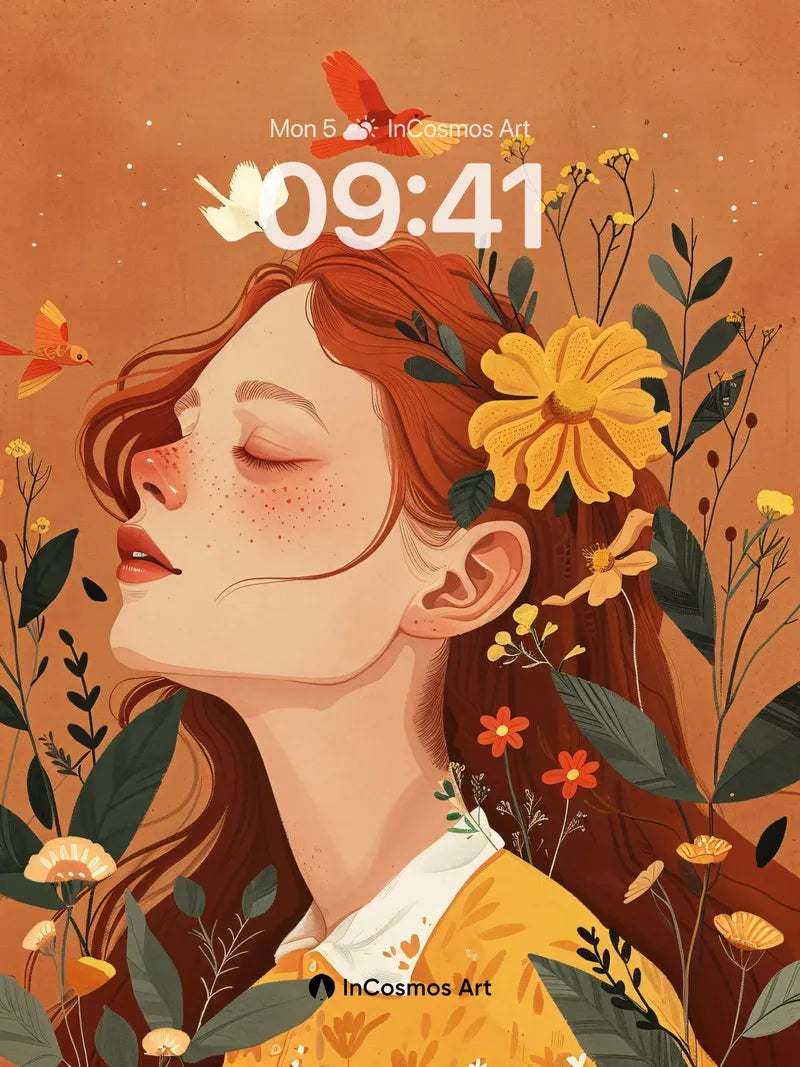 Serenity Bloom Wallpaper with Floating Birds