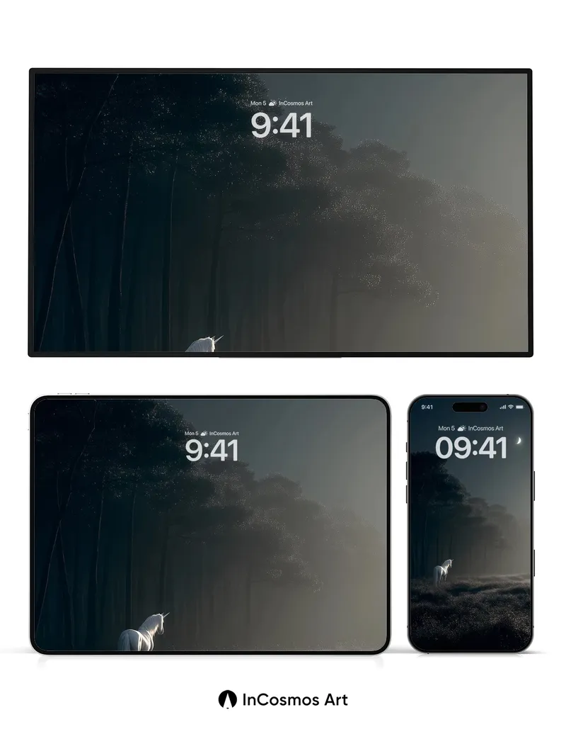 Moonlit Unicorn Wallpaper with Whispering Pines