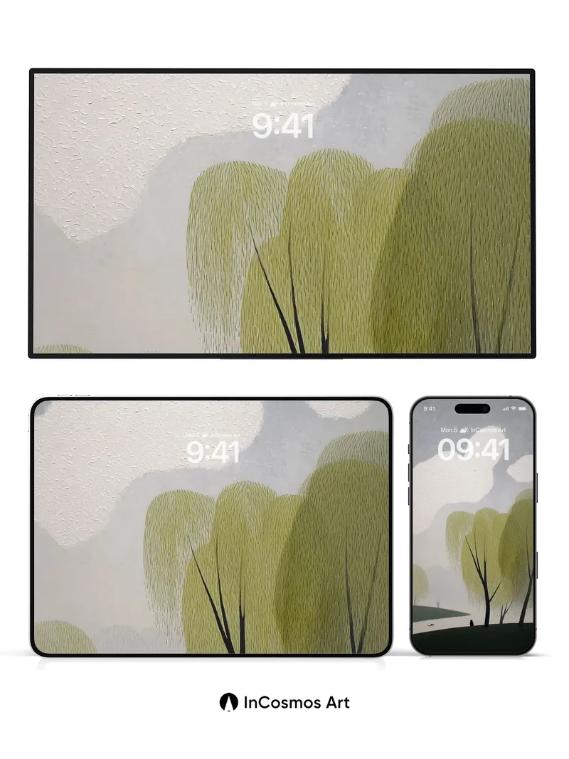 Whispering Willow Wallpaper with Solitary Cat