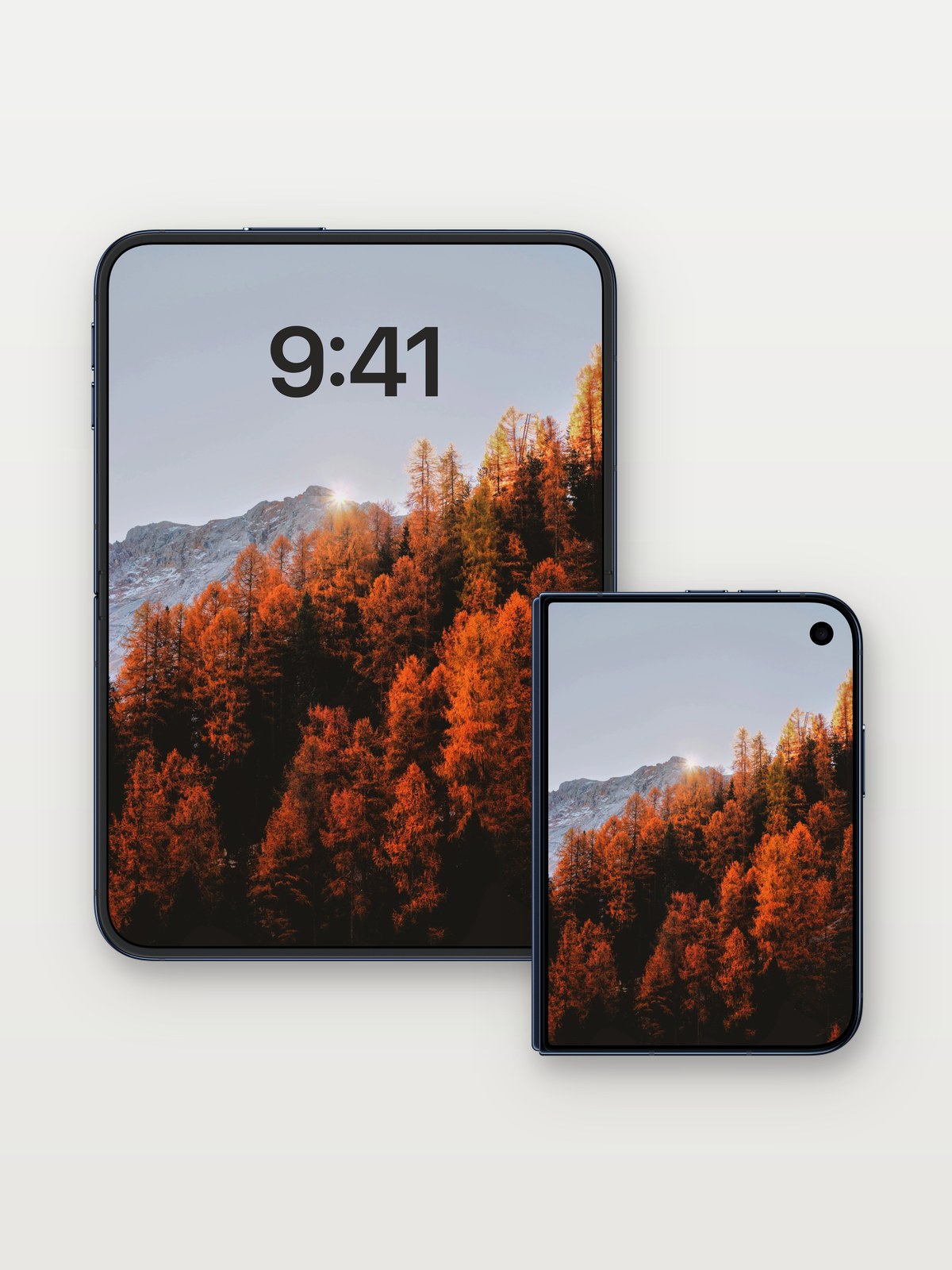Autumn Ember Wallpaper with Sunlit Peaks on iPhone Duo, open and closed