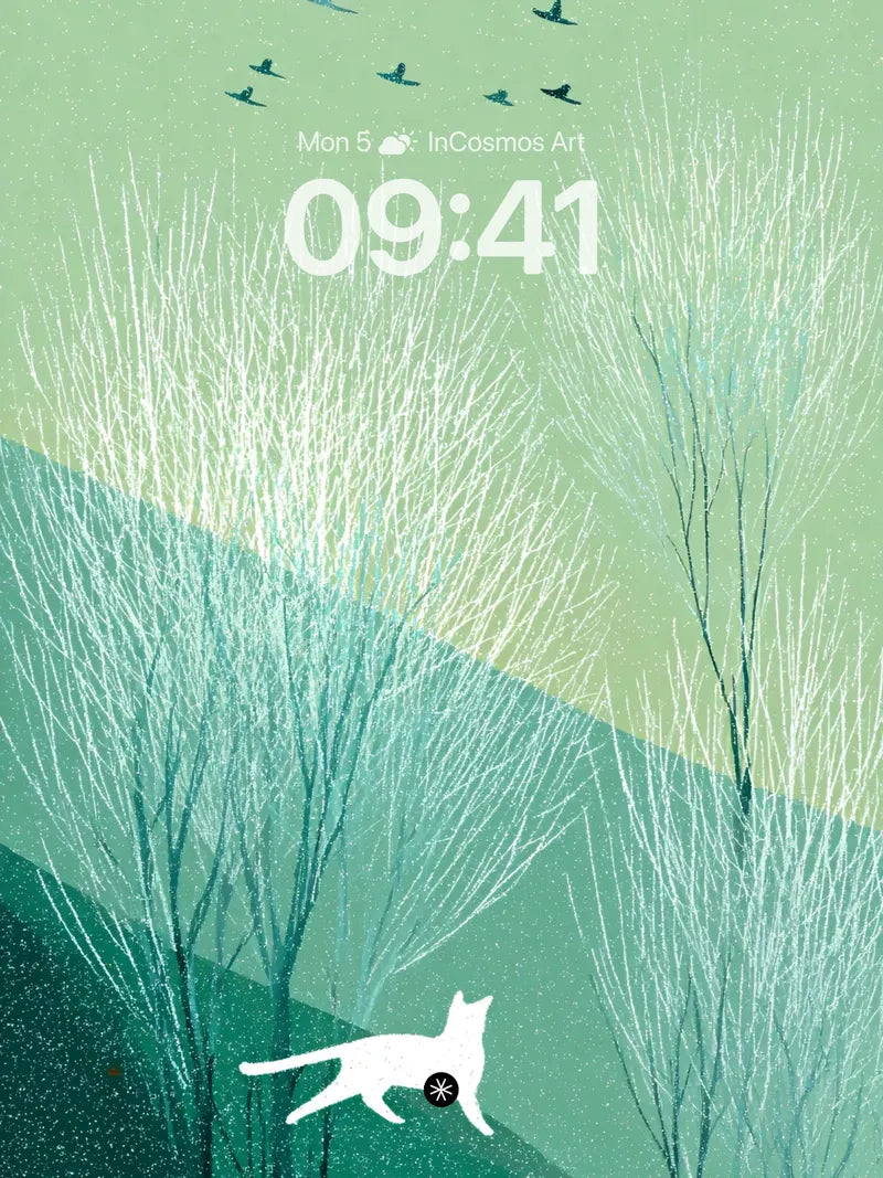 Ethereal Forest Chase Wallpaper with White Cat Motif wallpaper for iPhone, iPad & Mac