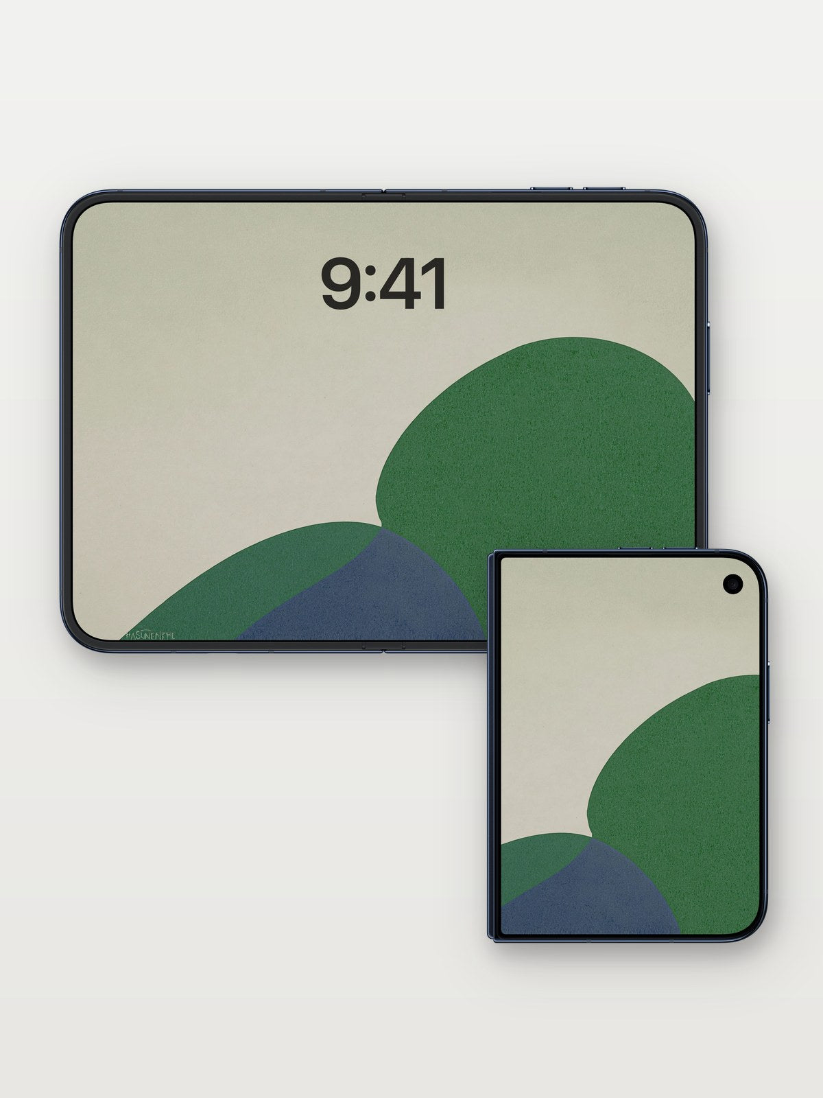 Soft Green Abstract Wallpaper on iPhone Duo, open and closed
