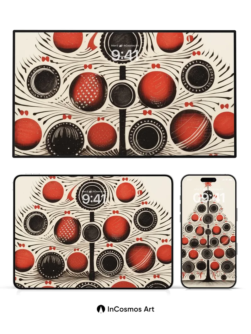 Geometric Holiday Wallpaper with Polka-Dot Ornaments