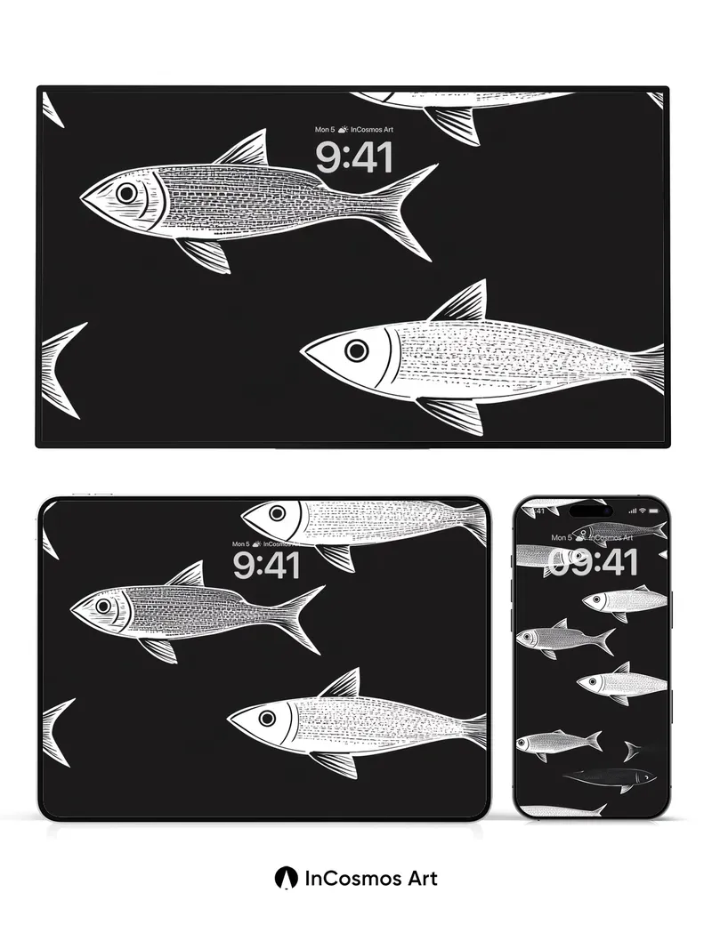 Silent School Wallpaper with Ink-Drawn Fish