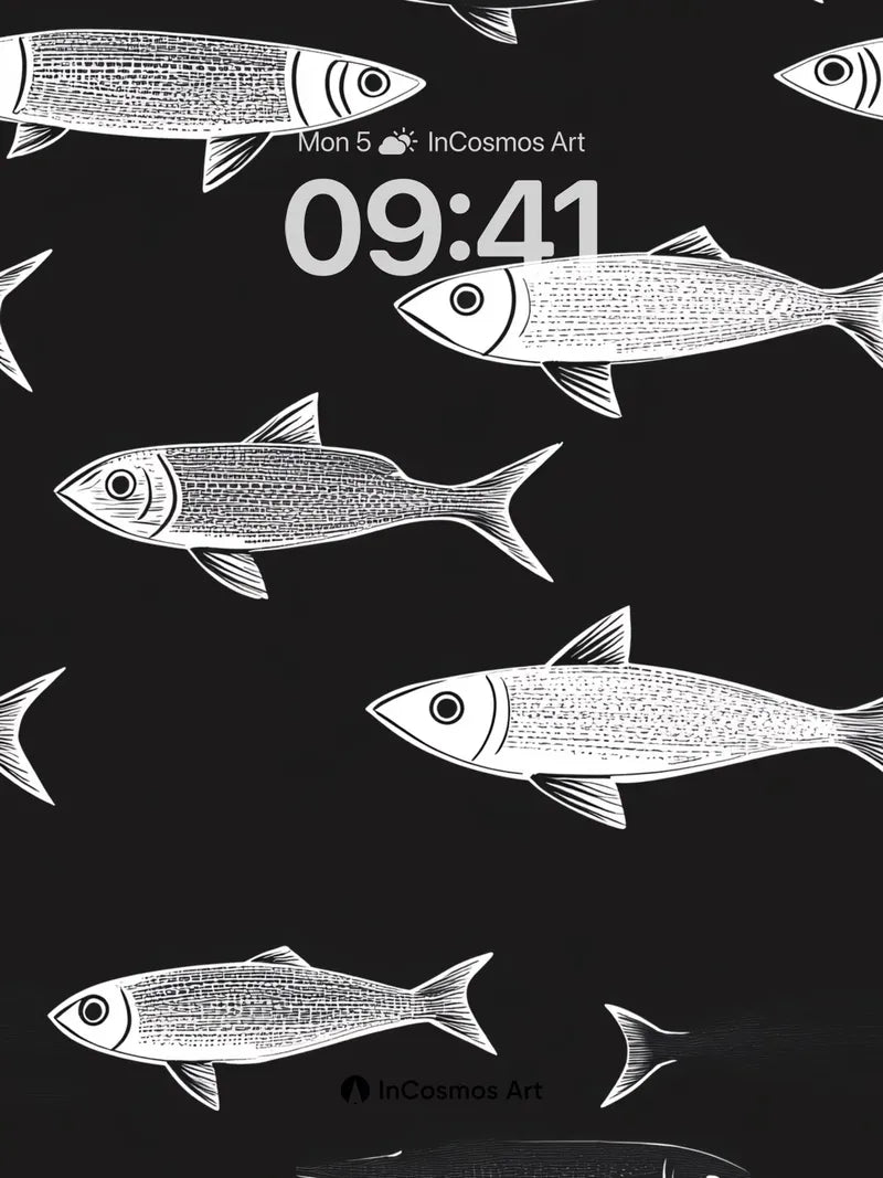 Silent School Wallpaper with Ink-Drawn Fish