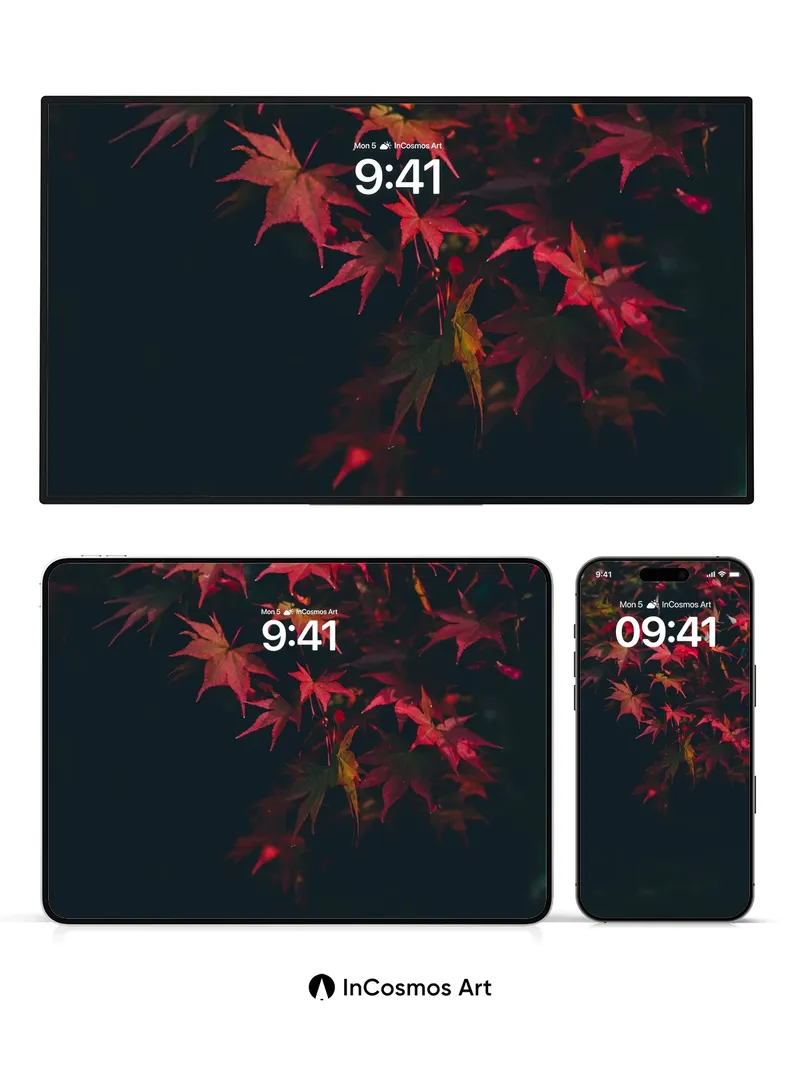 Crimson Whisper Wallpaper with Falling Leaves