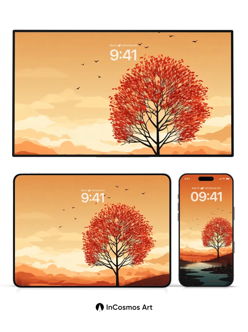 Autumn Ember Wallpaper with Floating Leaves