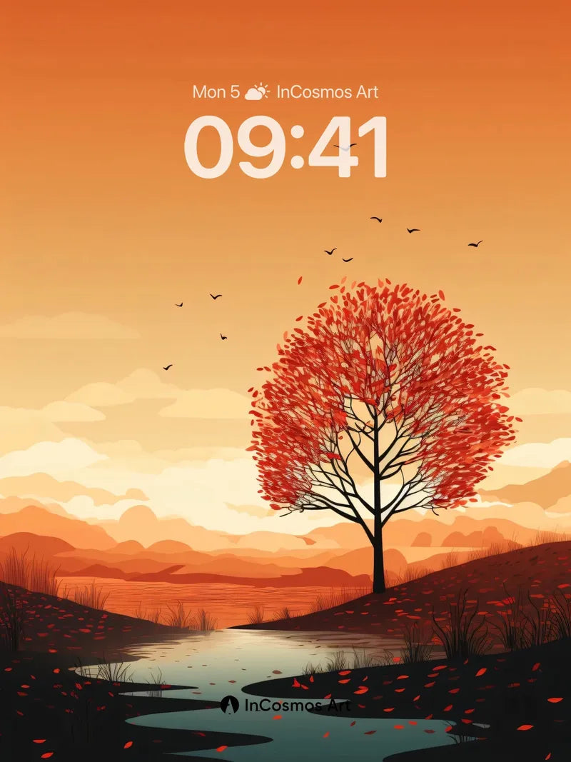 Autumn Ember Wallpaper with Floating Leaves