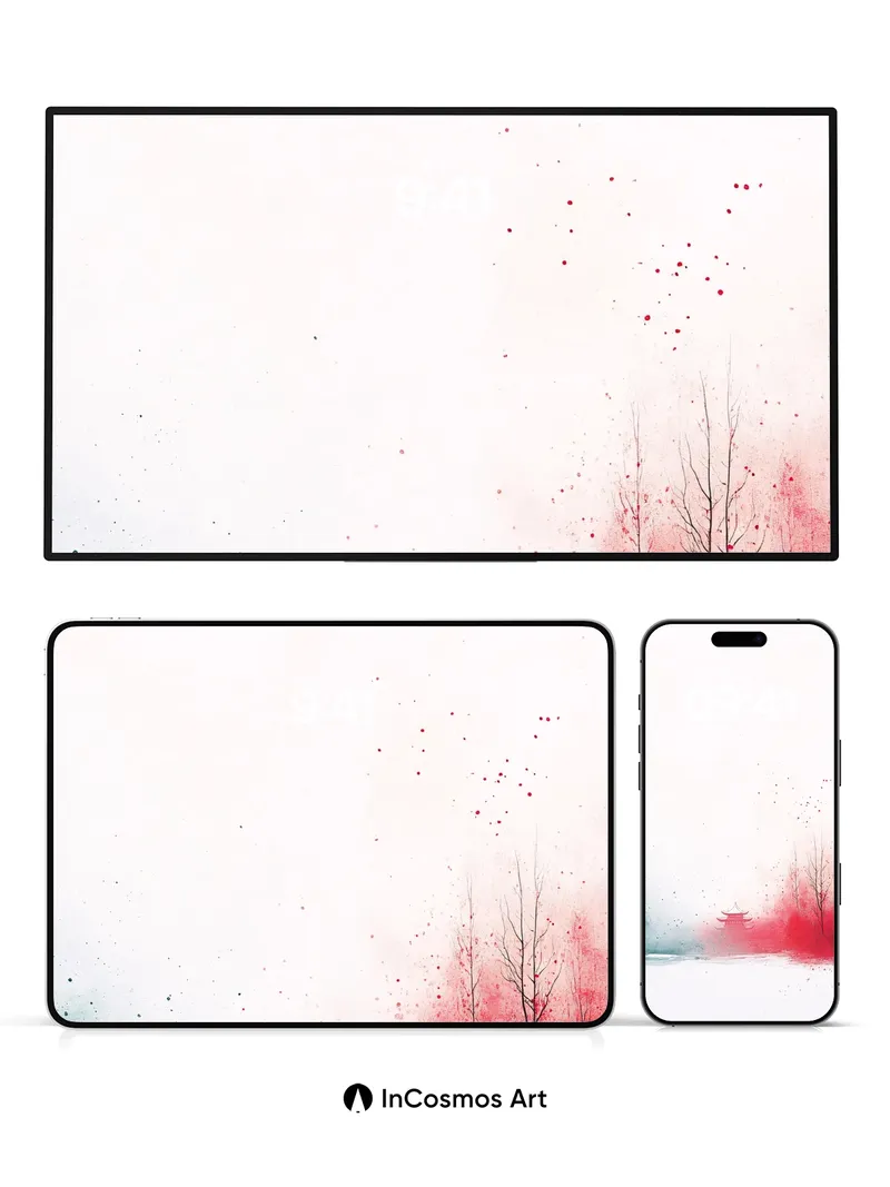 Silent Pagoda Wallpaper with Crimson Ink Bloom