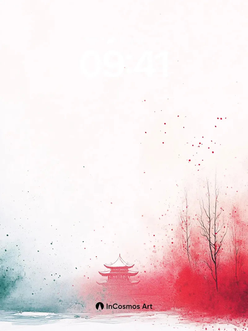 Silent Pagoda Wallpaper with Crimson Ink Bloom
