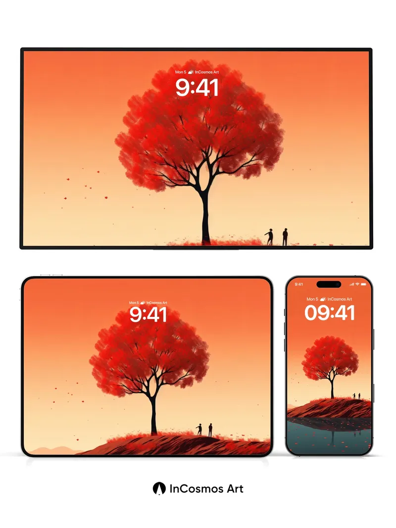 Crimson Stillness Wallpaper with Floating Leaves