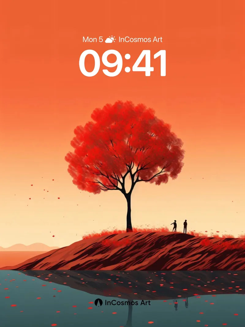 Crimson Stillness Wallpaper with Floating Leaves