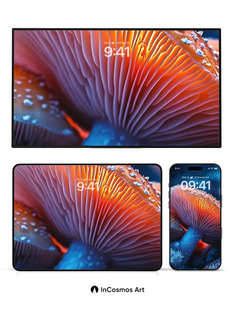 Frost-Laced Fungi Wallpaper with Bioluminescent Veins